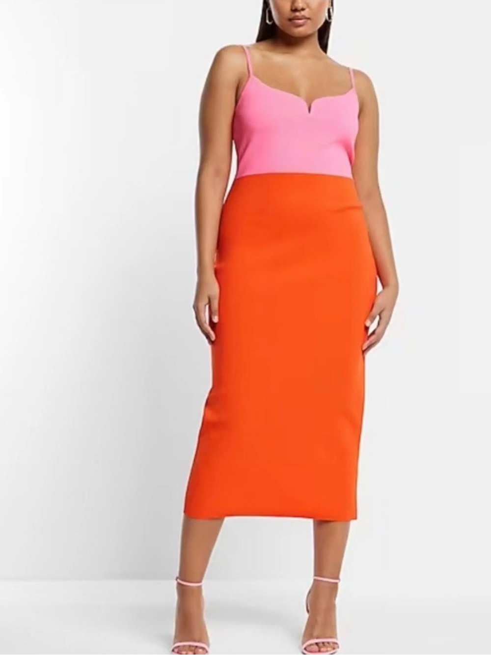 Express New Colorblock Pink & Orange 🍊 Contour Midi Dress